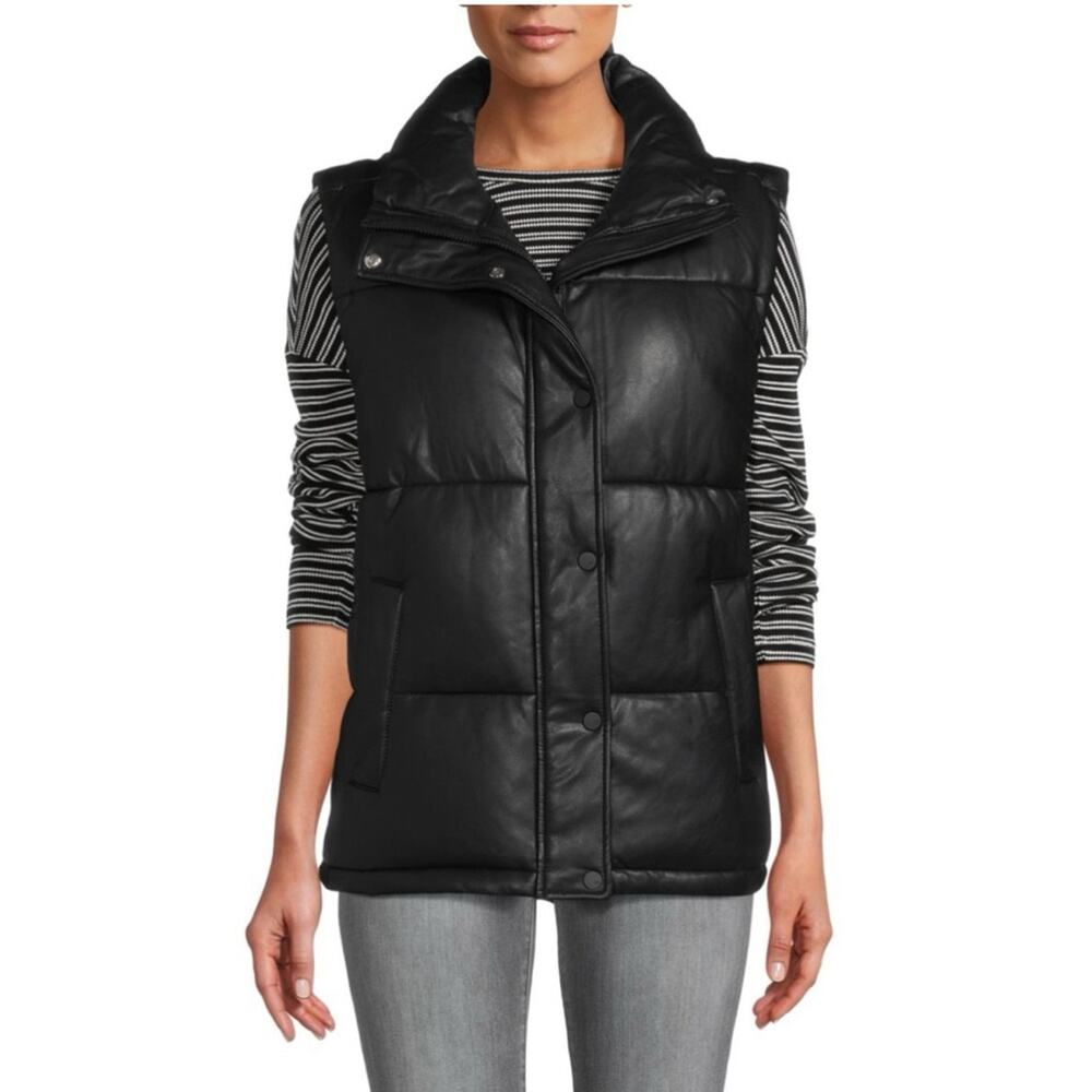 Andrew Marc New York Women’s Black Faux Leather Puffer Gilet Vest New